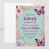 invitations d'anniversaire aux papillons roses et (Devant / Derrière)