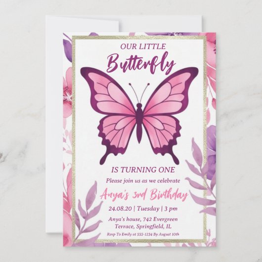 invitations d'anniversaire aux papillons roses et (Devant)