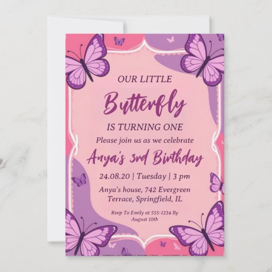 invitations d'anniversaire aux papillons roses et  (Devant)