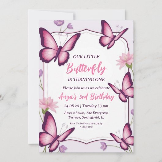 invitations d'anniversaire aux papillons roses et (Devant)