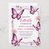 invitations d'anniversaire aux papillons roses et (Devant / Derrière)