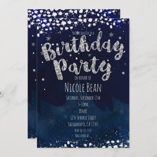 Invitations d'anniversaire Blue & Silver Starry (Devant / Derrière)