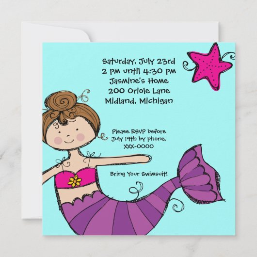 Invitations d'anniversaire Customisées de Sirène (Dos)