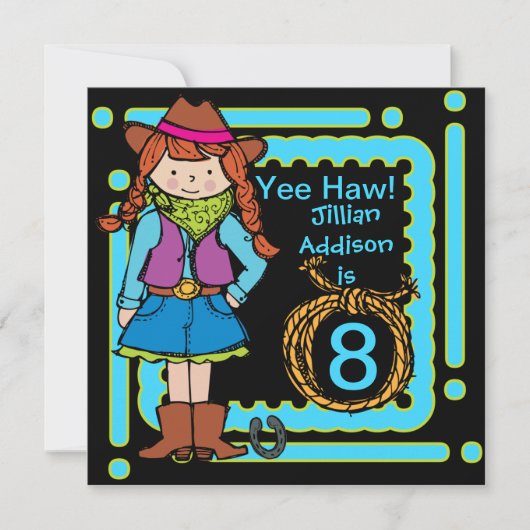 Invitations d'anniversaire customisés par cow-girl (Devant)