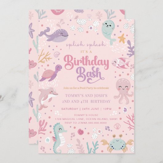 Invitations d'anniversaire d'animal marin. Anniver (Devant / Derrière)