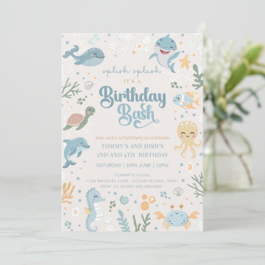 Invitations d'anniversaire d'animal marin. Anniver (Debout devant)