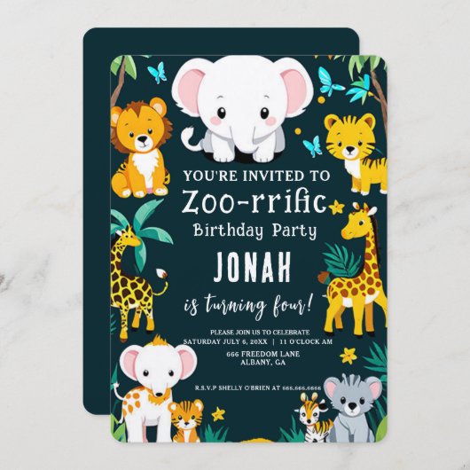 Invitations d'anniversaire d'animaux sauvages - An (Devant / Derrière)