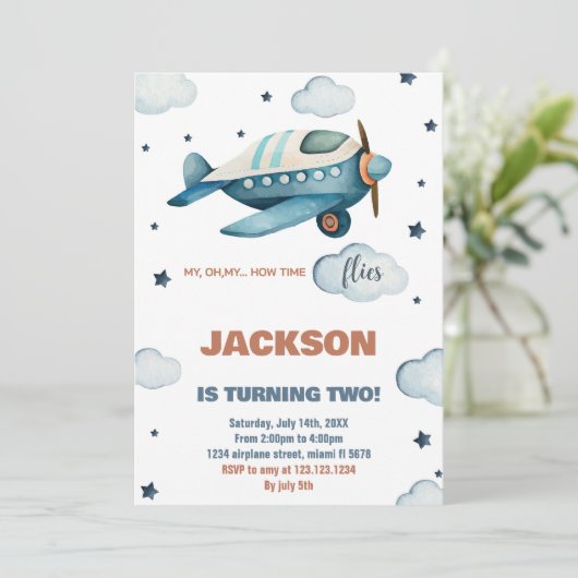 Invitations d'anniversaire d'avion bleu (Debout devant)