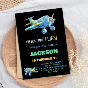 Invitations d'anniversaire d'avion bleu noir