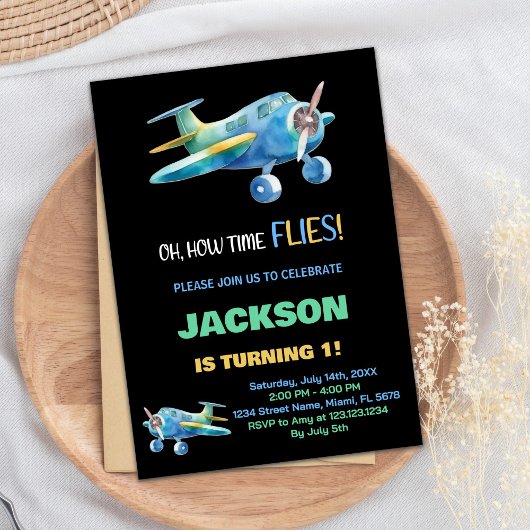 Invitations d'anniversaire d'avion bleu noir