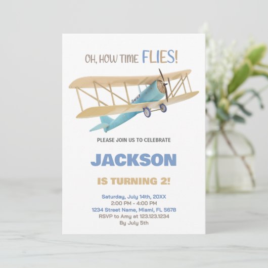 Invitations d'anniversaire d'avion bleu vert (Debout devant)