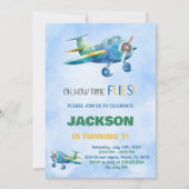 Invitations d'anniversaire d'avion bleu vert (Devant)