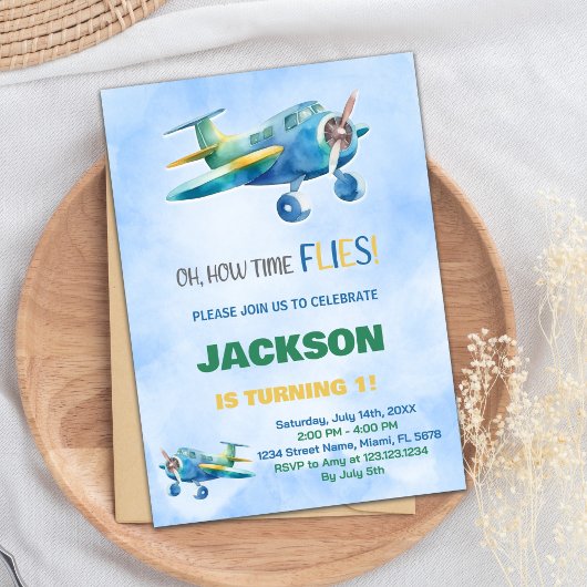 Invitations d'anniversaire d'avion bleu vert