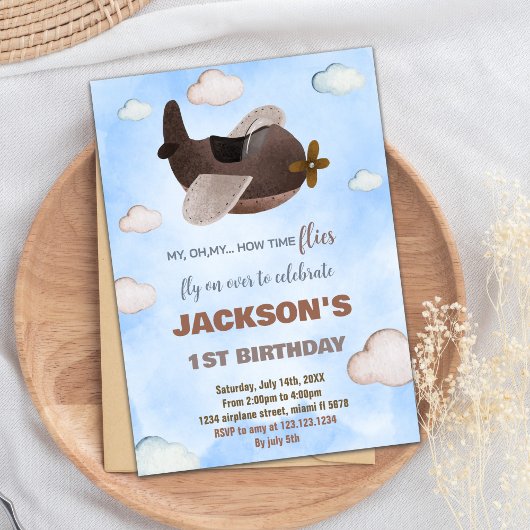 Invitations d'anniversaire d'avion Brown bleu