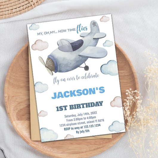 Invitations d'anniversaire d'avion gris bleu