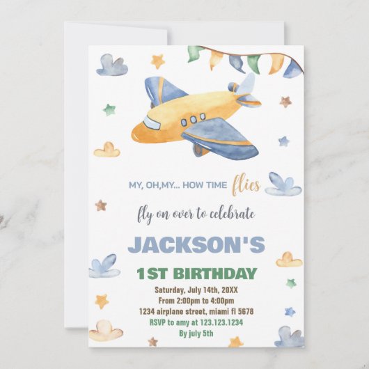 Invitations d'anniversaire d'avion gris jaune (Devant)