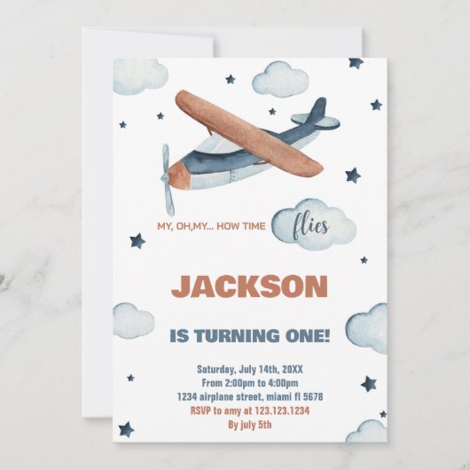 Invitations d'anniversaire d'avion gris-orange (Devant)