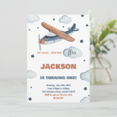 Invitations d'anniversaire d'avion gris-orange (Debout devant)