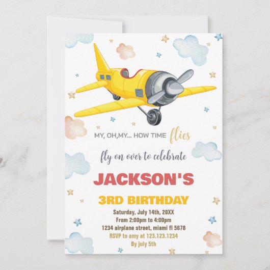 Invitations d'anniversaire d'avion jaune (Devant)