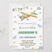 Invitations d'anniversaire d'avion jaune vert (Devant)