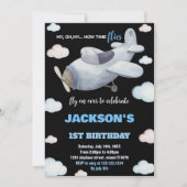 Invitations d'anniversaire d'avion noir gris bleu (Devant)