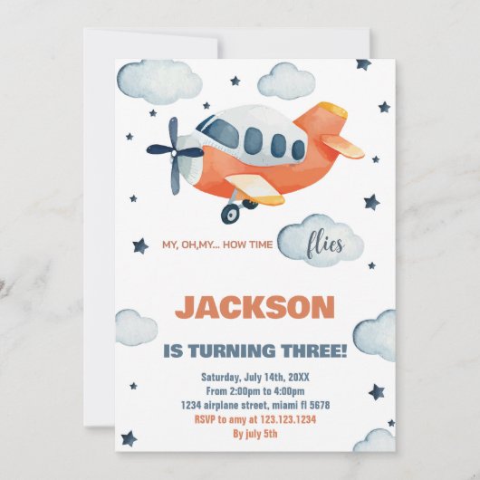 Invitations d'anniversaire d'avion orange (Devant)