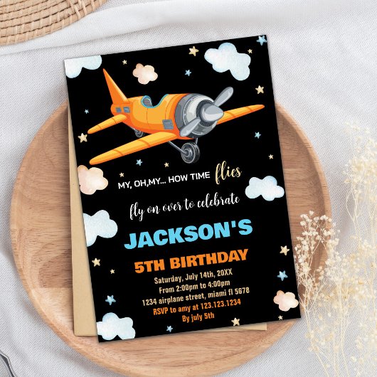 Invitations d'anniversaire d'avion Orange Black BK