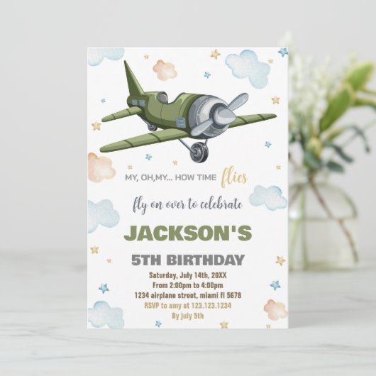 Invitations d'anniversaire d'avion vert (Debout devant)