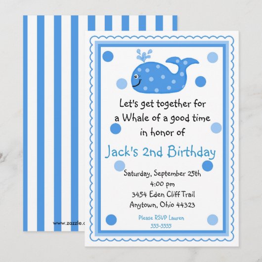 Invitations d'anniversaire de baleine (Devant / Derrière)