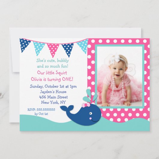Invitations d'anniversaire de baleine pour la (Devant)