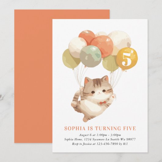 Invitations d'anniversaire de chats de fille (Devant / Derrière)