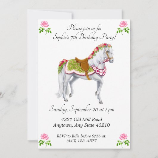 Invitations d'anniversaire de cheval de Rose (Devant)