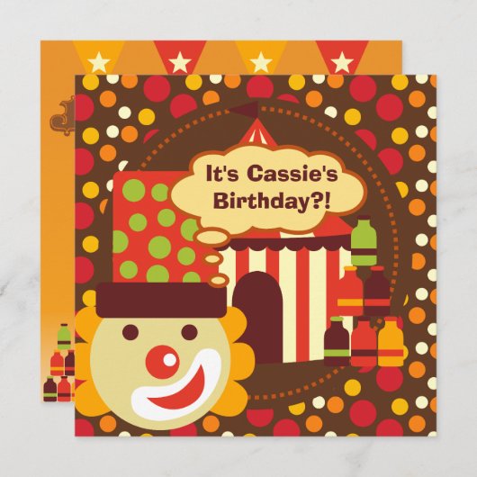 Invitations d'anniversaire de cirque de clown et (Devant / Derrière)