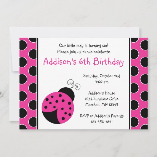 Invitations d'anniversaire de coccinelle de roses (Devant)