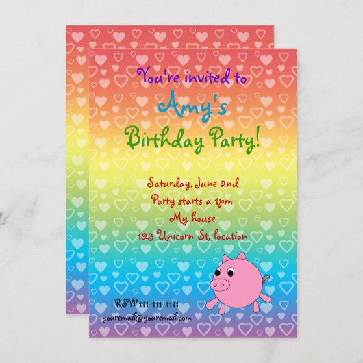 Invitations d'anniversaire de cochon pour les coeu (Devant / Derrière)