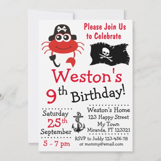 Invitations d'anniversaire de crabe pirate (Devant)