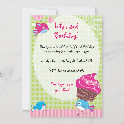Invitations d'anniversaire de Cupcake Birdie (Devant)