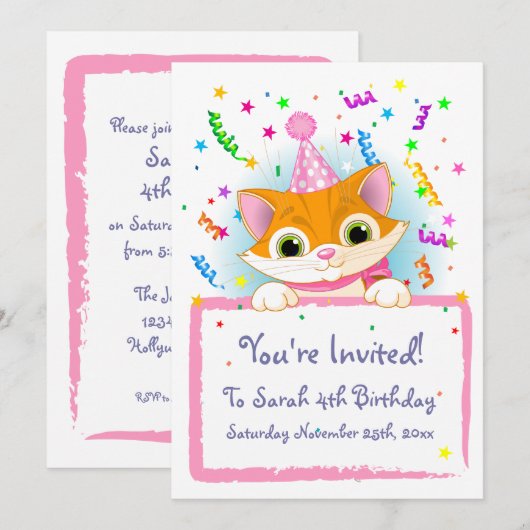 Invitations d'anniversaire de Cute Kitten (Devant / Derrière)
