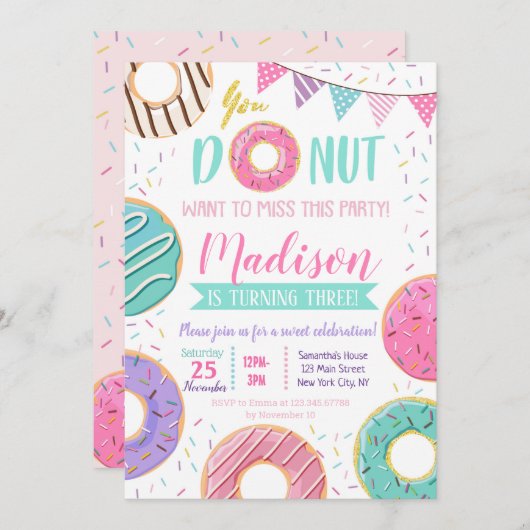 Invitations d'anniversaire de Donut (Devant / Derrière)