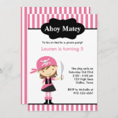 Invitations d'anniversaire de fille rose Pirate (Devant / Derrière)
