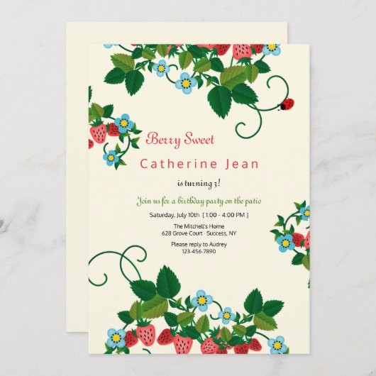 Invitations d'anniversaire de fraises (Devant / Derrière)