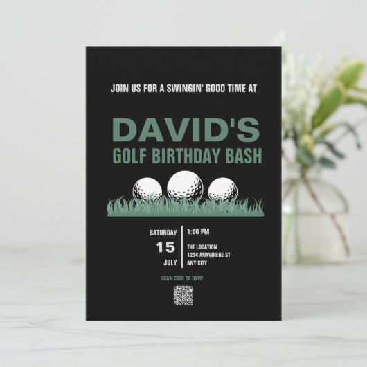 Invitations d'anniversaire de golf avec code QR (Debout devant)