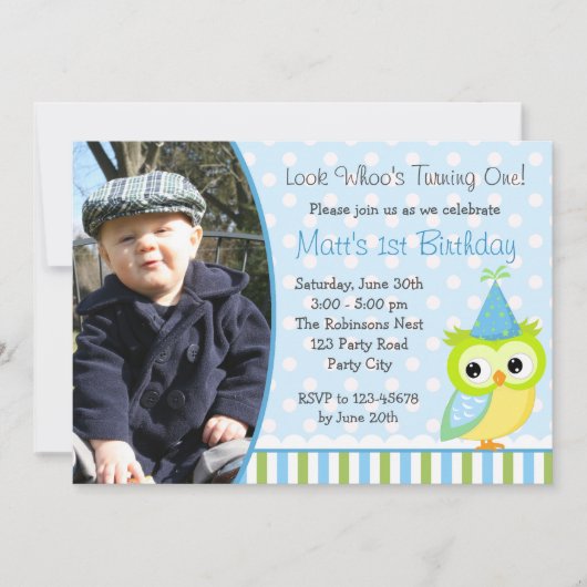 Invitations d'anniversaire de hibou avec photo pou (Devant)