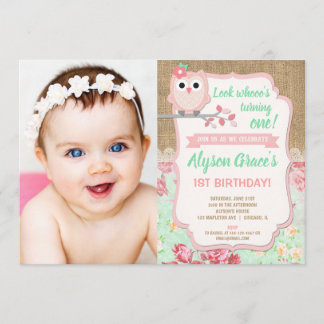 Invitations d'anniversaire de hibou, fille 1ère ph