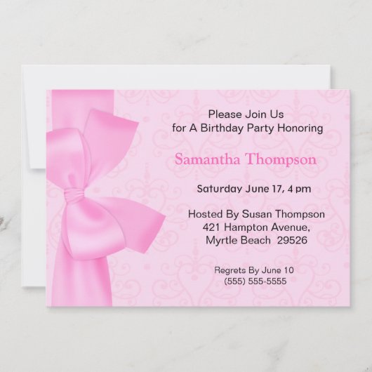 Invitations d'anniversaire de la Bow rose (Devant)