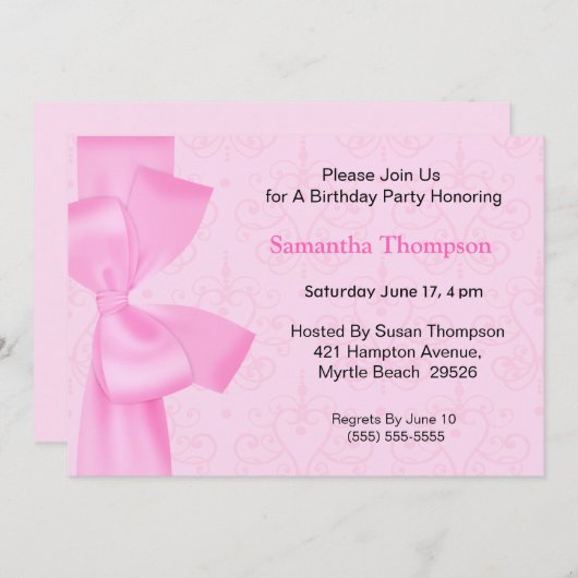 Invitations d'anniversaire de la Bow rose (Devant / Derrière)