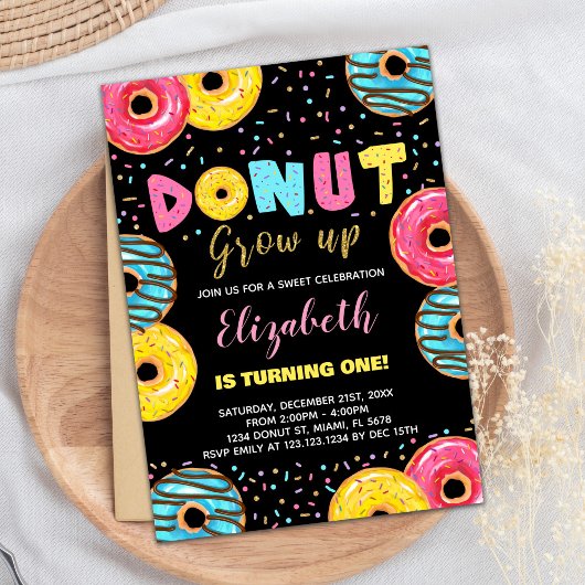 Invitations d'anniversaire de la Donut jaune noir