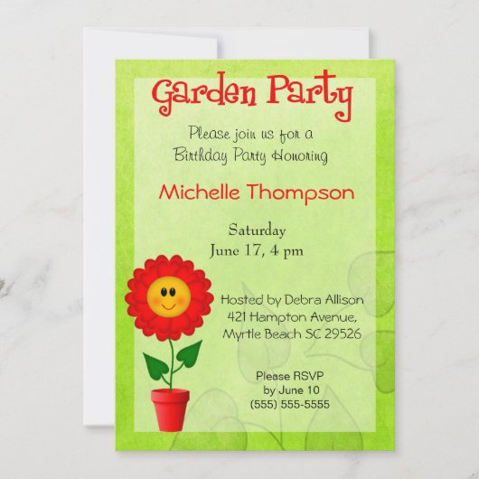 Invitations d'anniversaire de la fête du jardin (Devant)