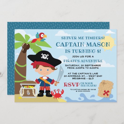 Invitations d'anniversaire de la fête du pirate (Devant / Derrière)