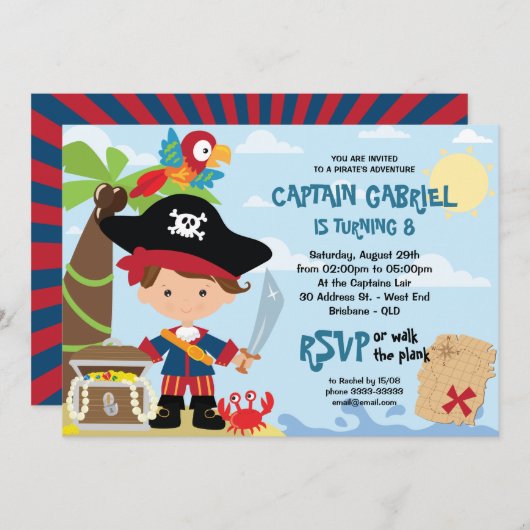 Invitations d'anniversaire de la fête du pirate (Devant / Derrière)